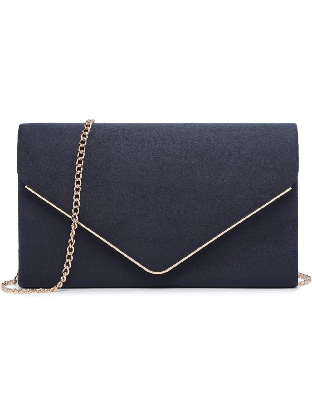 Women's Navy Faux Suede Clutch Purse Golden Chain Strap Evening Shoulder Bags